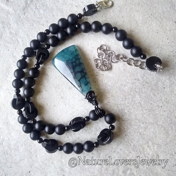 Stunning & One-of-a-kind! Blue & Black Dragonvein Agate Beaded Stone Choker! - Picture 3 of 11